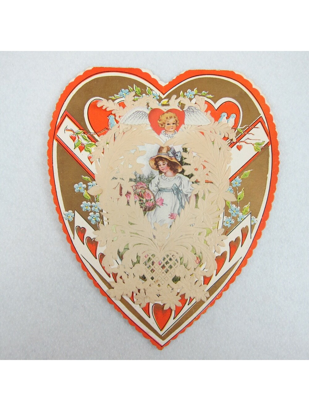 Vintage Valentine Card Whitney Made LARGE Heart Shape Red & Gold Girl in Bonnet